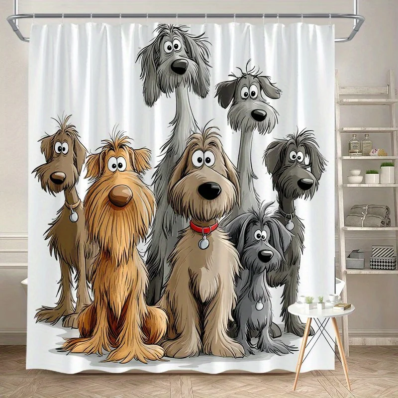 Scruffy & Friends Cartoon Shower Curtain - Anthropomorphic Dogs Design, Playful Red Collars & Tousled Fur, Brown