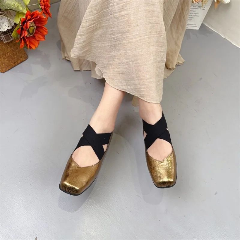 Mary Jane Shoes Women Leather Pumps Ladies Golden Dress Shoes Dance Handmade Genuine Leather Women Ballet Shoes Retro