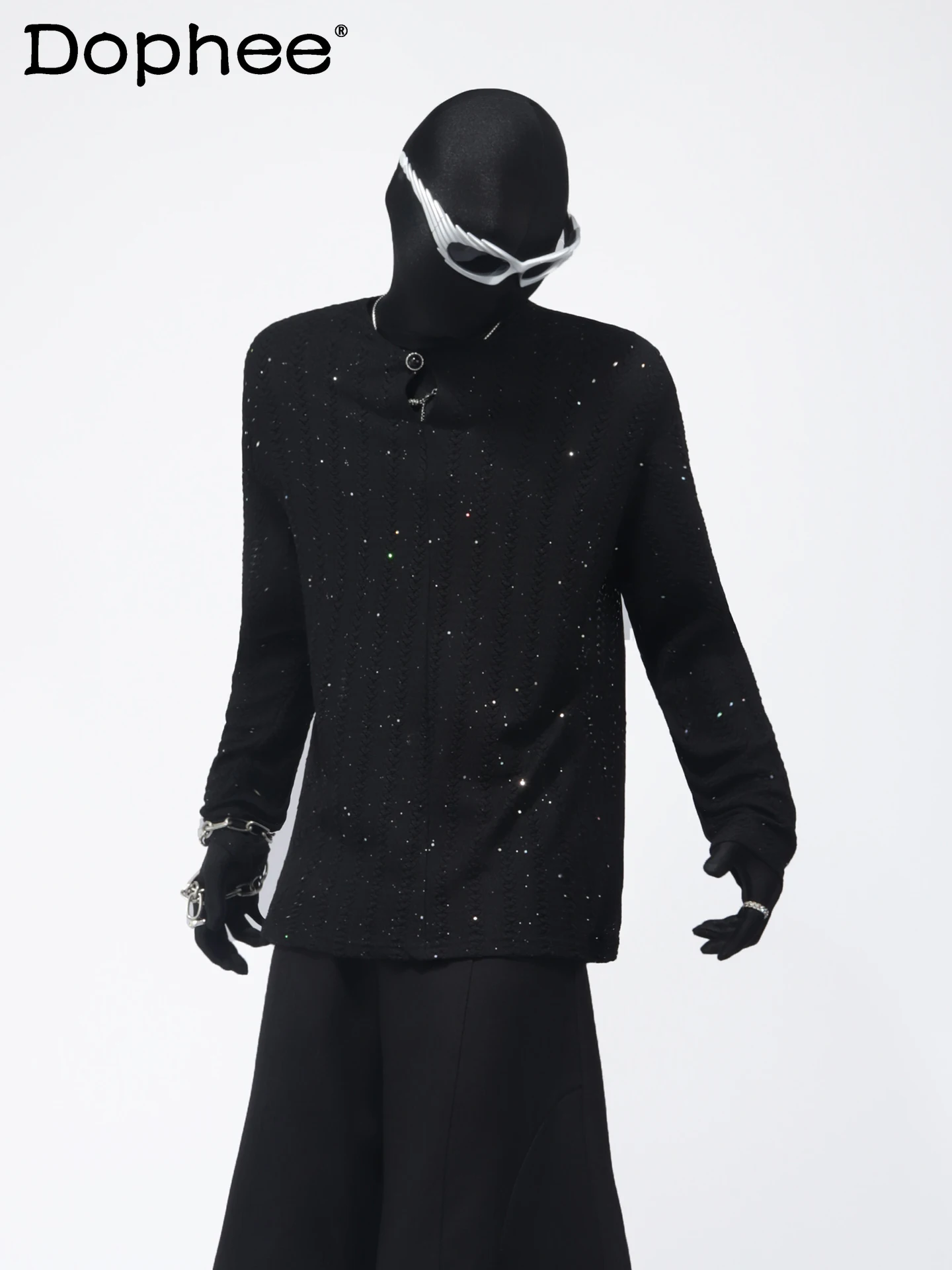 

Fashion Trend Korean Version Design Heavy Sequin Hollow Long Sleeve T-Shirt for Men Versatile Casual Short Base Shirt Top