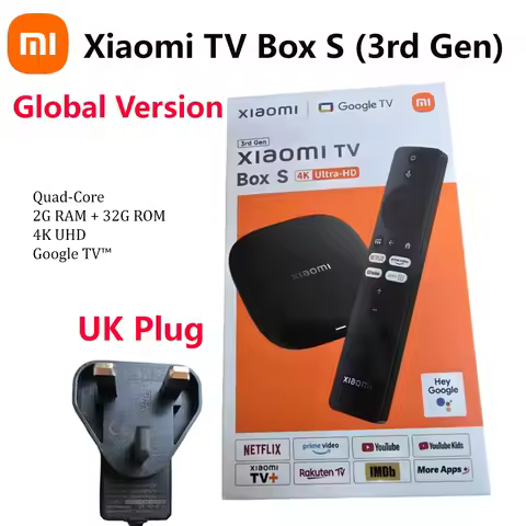 Global Version Xiaomi TV Box S 3rd Gen UK Plug 4K Ultra HD 32GB ROM 2.4GHz/ 5GHz Google TV Google Assistant Media Player