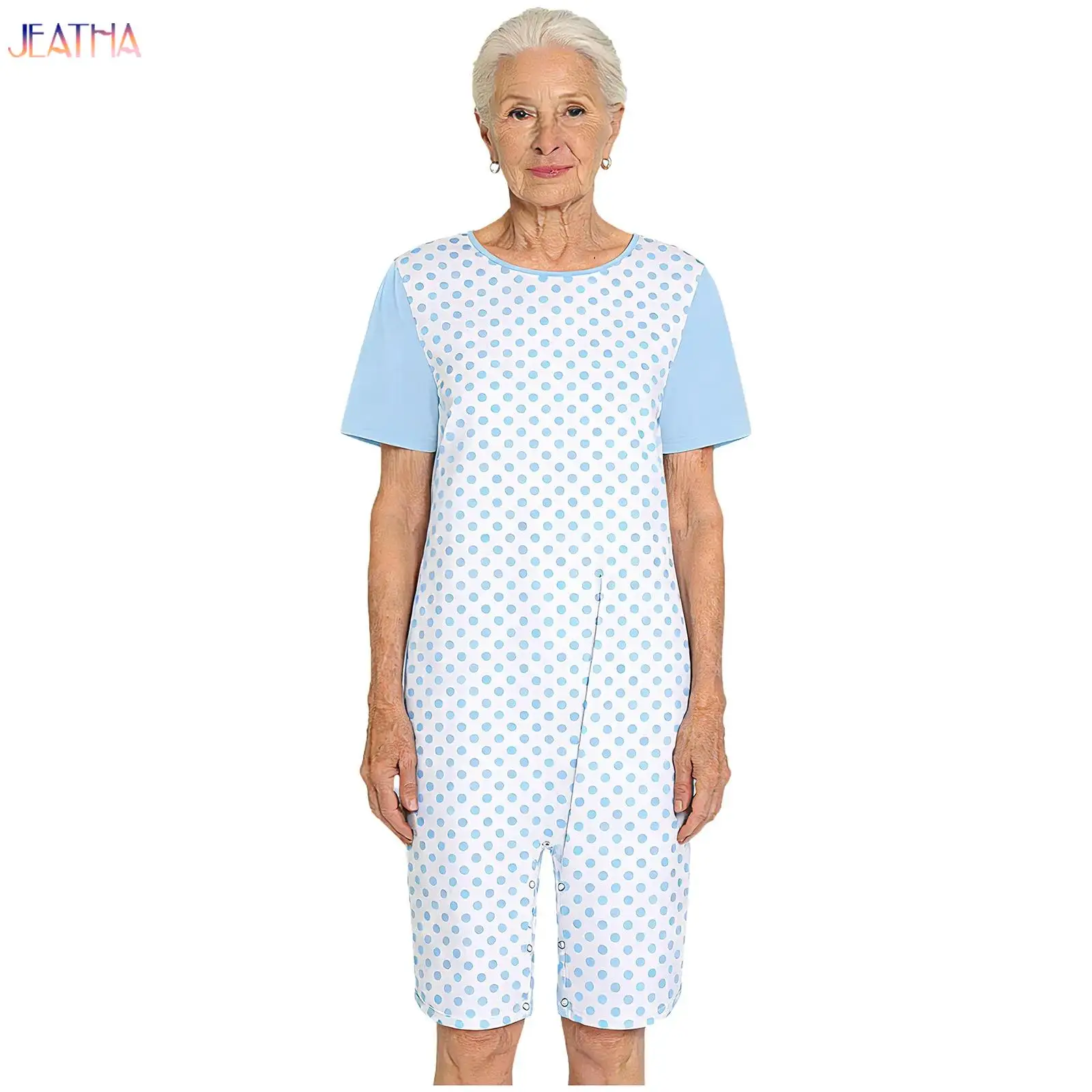 Womens Adults Special Needs Adaptive Jumpsuit Print Short Sleeve Button Crotch Bodysuit for Elderly Dementia Alzheimer Patients