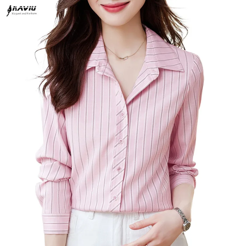 NAVIU Pink Stripes Shirt Women New 2023 Autumn Fashion Temperament Formal Long Sleeve Slim Blouses Office Ladies Work Tops White