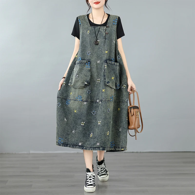 

Retro Embroidered Large Pocket Casual Denim Vest Dress Women Loose over Knee High Waist Cotton Quality Good Fashion Casual