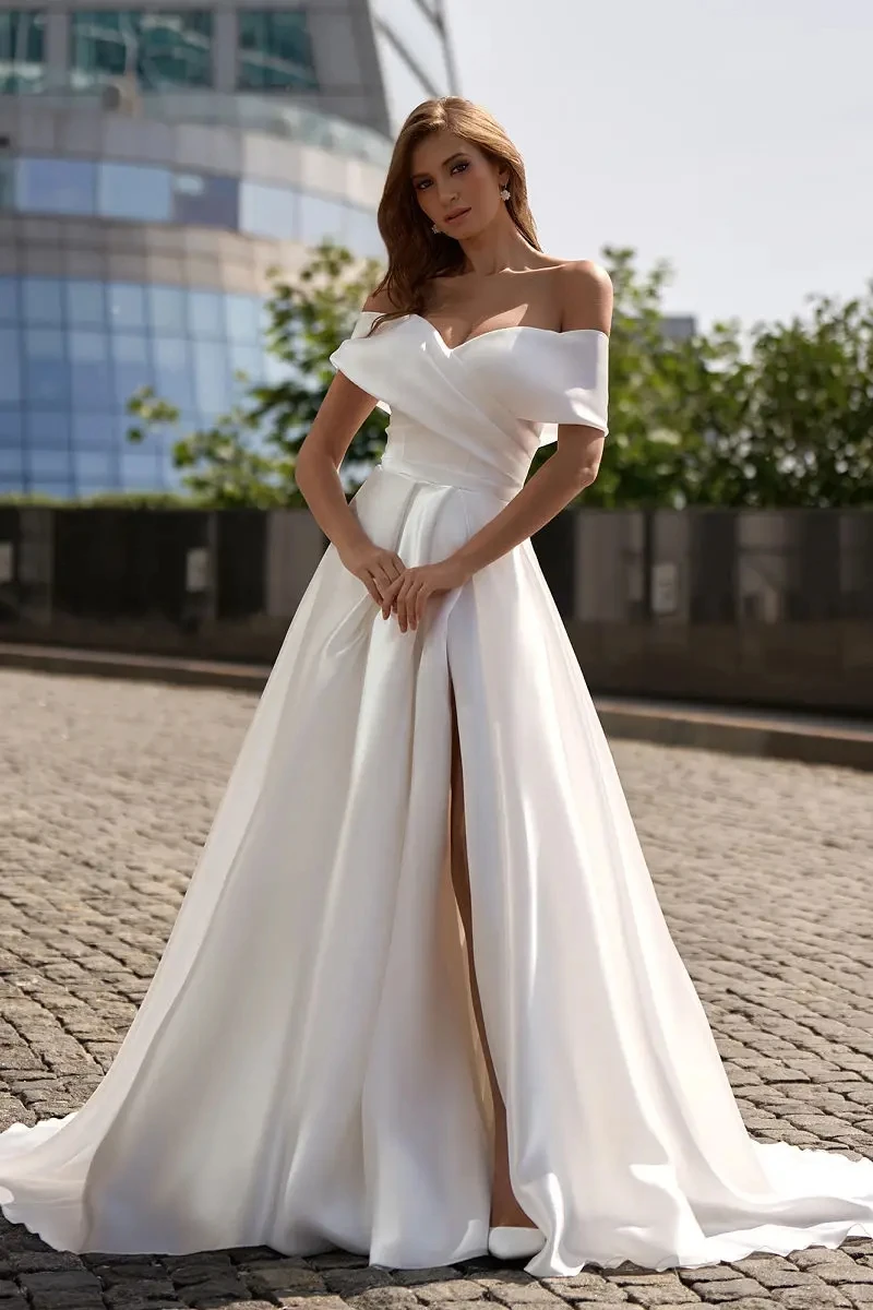 

Elegant Wedding Dresses Women's A Line Off The Shoulder Pleats Side Slit Bridal Bride Gowns Tulle Vestidos De Novia