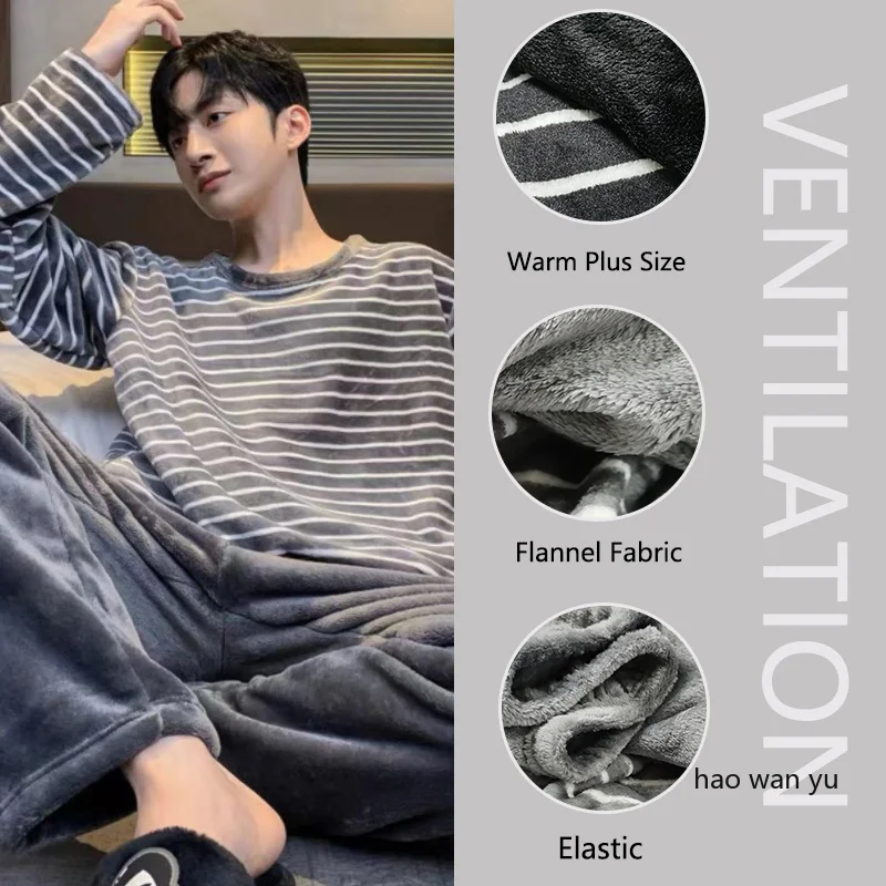 Large Size Winter Pajamas Men's Korean Version Striped Long-Sleeved Nightwear Homewear Set Sleepwear Coral Fleece Loungewear