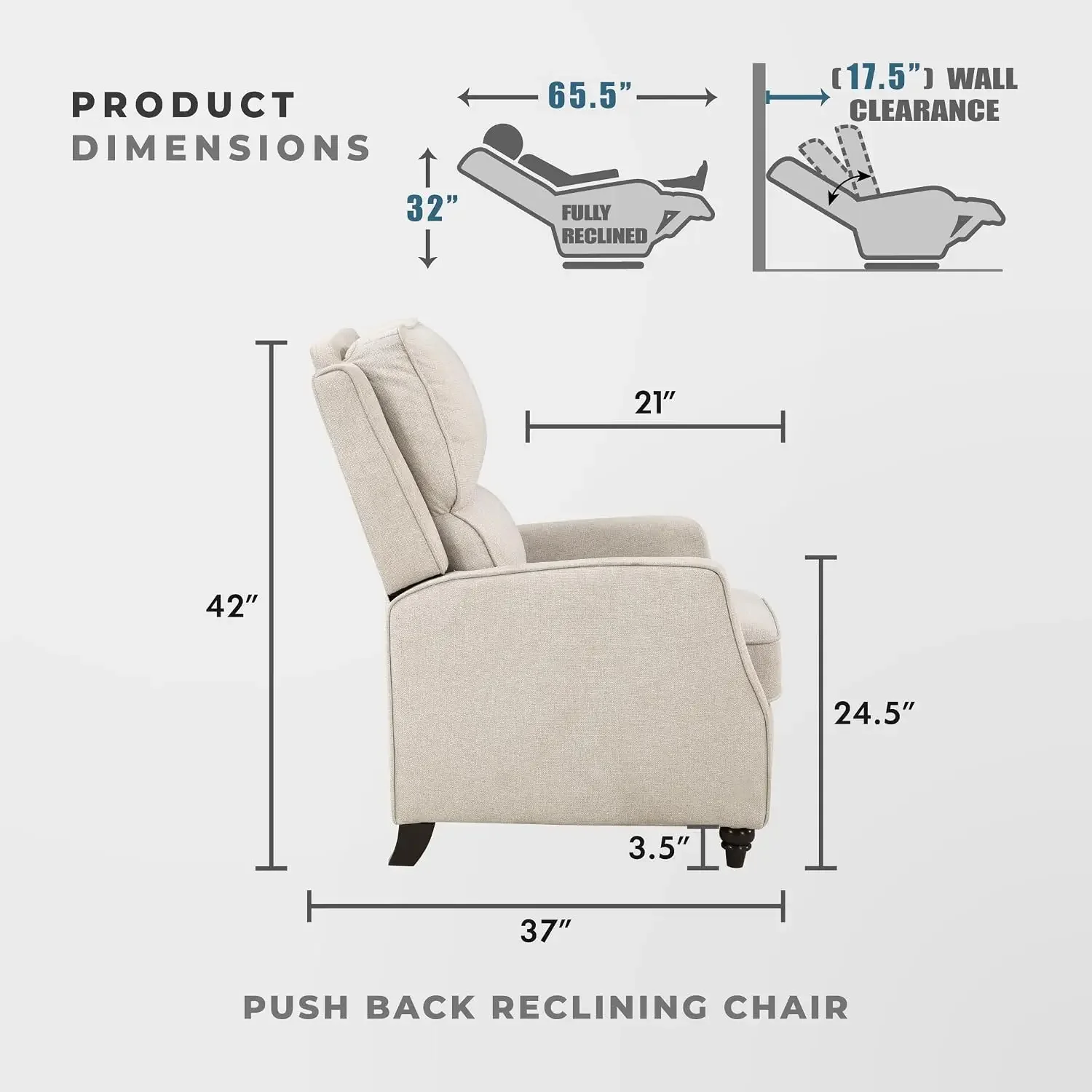 Textured Fabric Push Back Manual Recliner Chair, 29.5