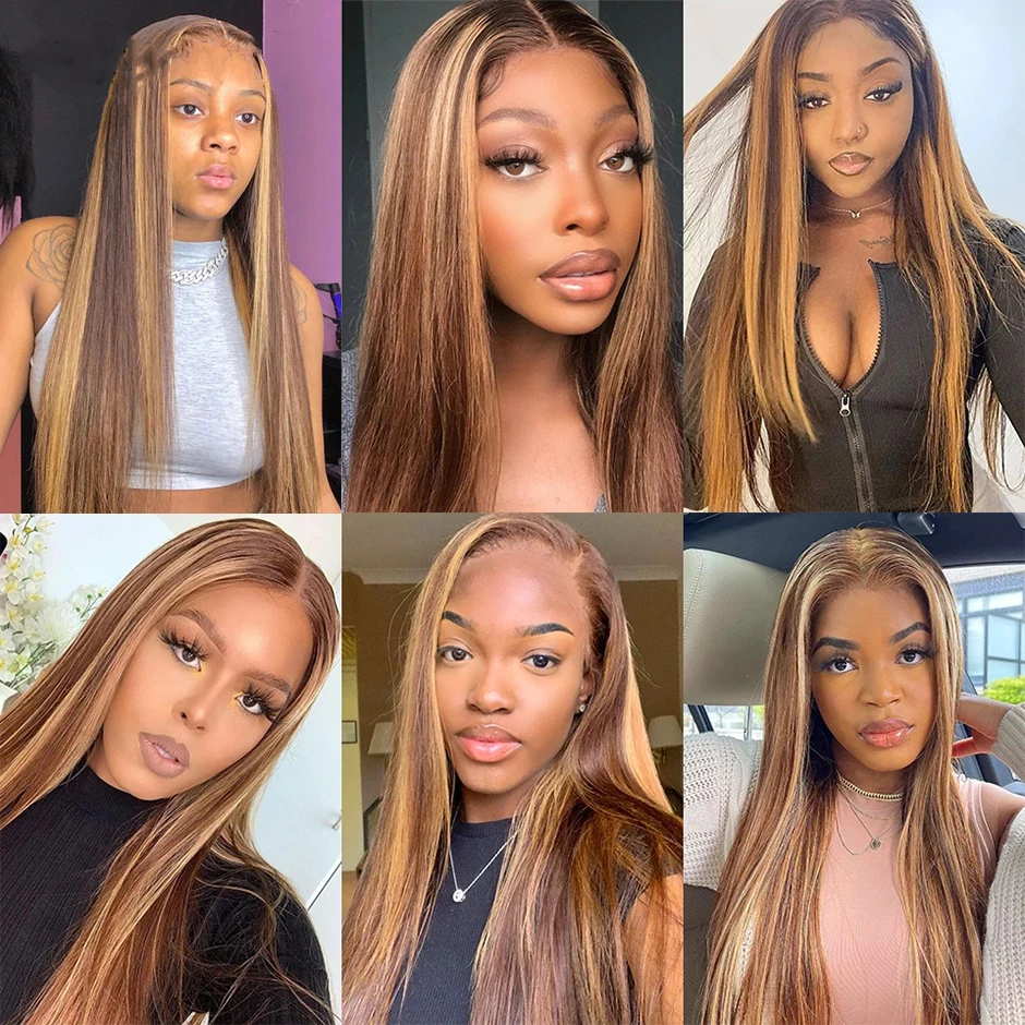 Perruque Lace Front Wig naturelle, cheveux lisses, reflets ultraviolets, blond ombré, HD, pour femmes