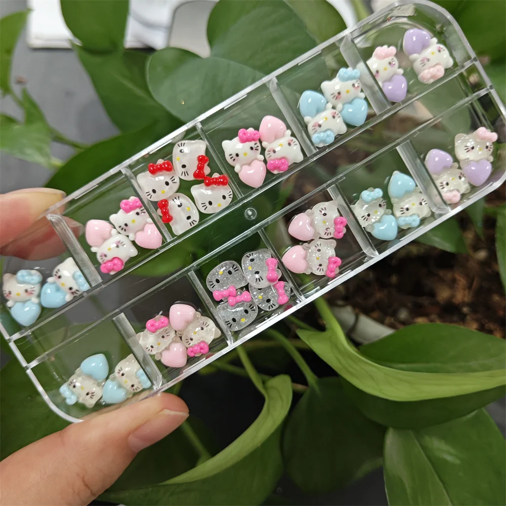 12 그리드/박스 혼합 글리터 3D 카와이 헬로 키티 네일 참 핑크/블루/퍼플 러브-하트 키티 고양이 네일 아트 마카롱 KT 고양이 부품
