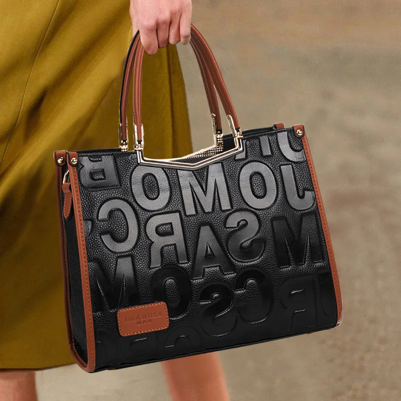 

Genuine cowhide leather women's handbag, letter-patterned single-shoulder underarm bag, large-capacity square bag, storage bag