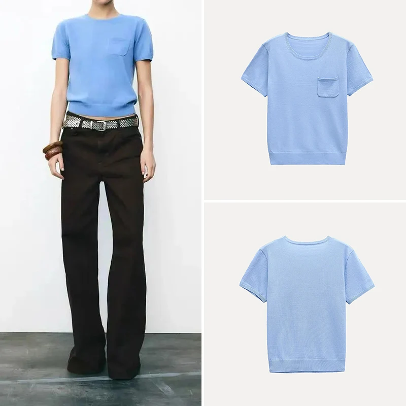 

Spring 2025 Women's Faion round Ne ort Sve Flat Needle Knitted Top Street Sle Polyester Fiber Simple Design