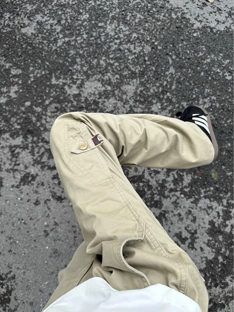 

Мужские джинсы-карго в стиле ретро, осенние, с пуговицами, свободные, струящиеся, в американском повседневном спортивном стиле, длинные брюки