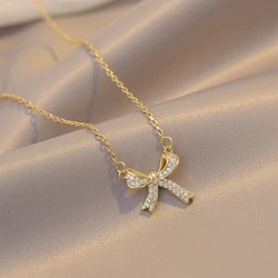 ZAKOL Exquisite Copper Inlaid Zirconia Bow Pendant Necklace for Women Girls Sweet Bridal Wedding Accessories