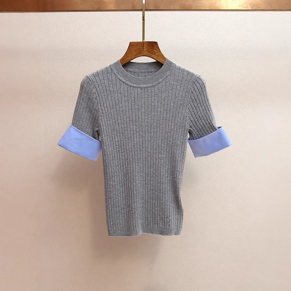 

Autumn New French Versatile Tweed-Style Round Neck Slim Fit Knit Top with Faux Two-Piece Short Sleeves for Women