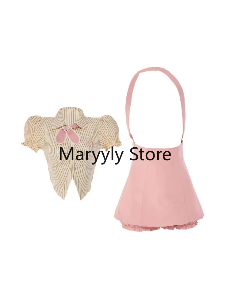 Sweet Kawaill Y2k 2 Piece Skirts Set Women 2023 Summer Fashion Bodycon Lolita Kawaii Suits Suits Chic Blouse + Pink Strap Skirts