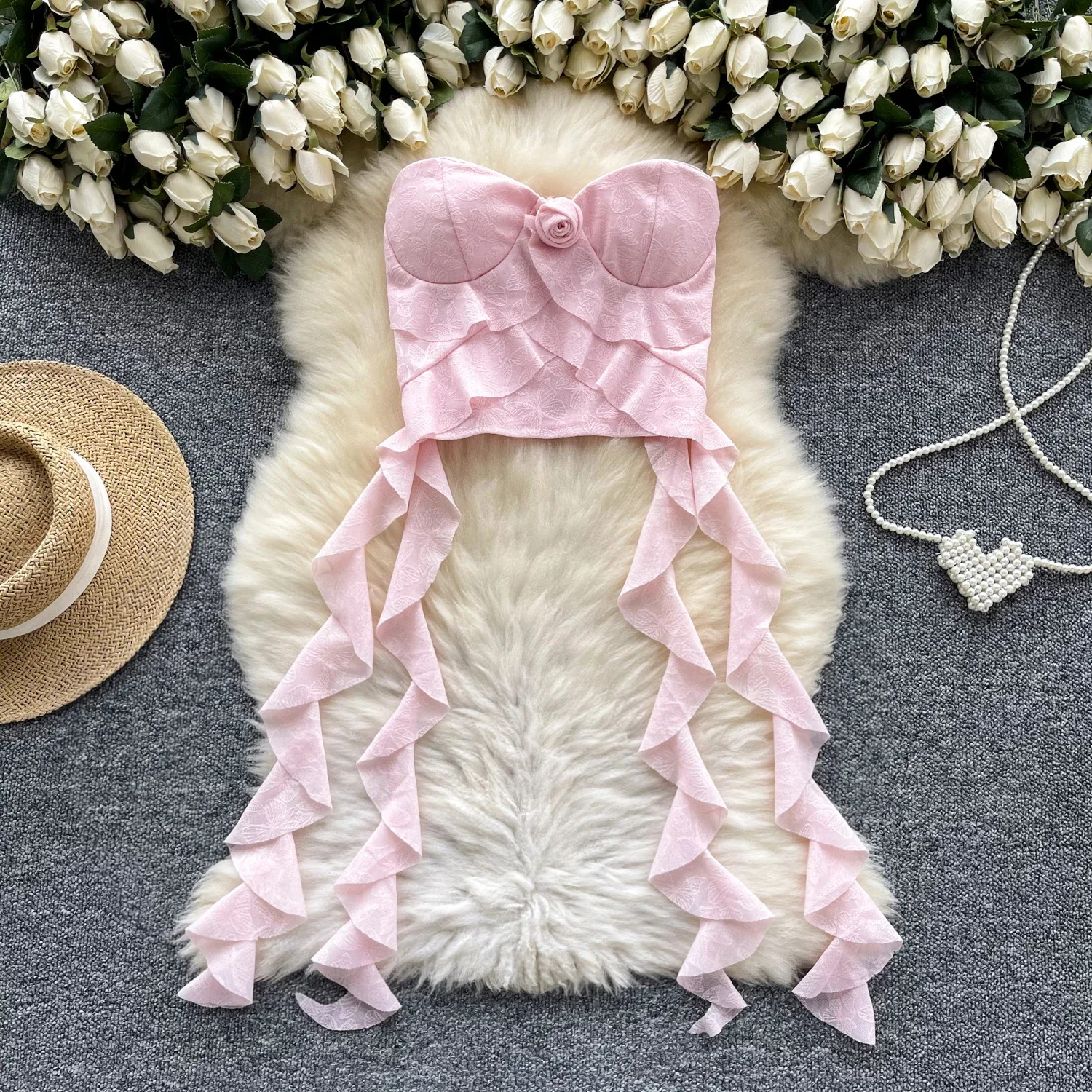 Chic Sweet ruffle Three-dimensional Flower tube top korean fashion Camis Crop Top Vacation Tank Tops Summer Women