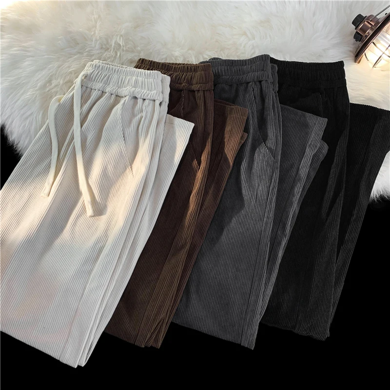 Pantalones de pana blancos para hombre, moda coreana, Color sólido, informal, recto, holgado, drapeado, ropa masculina, S-3XL, 2023