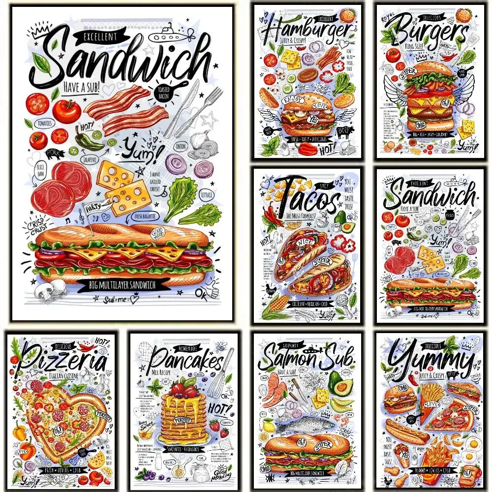 Fast Food Mexican Tacos Pizza Sandwich Toast Pancakes Recipe Art Posters High Quality Wall Art Decorations Color Prints Sticky