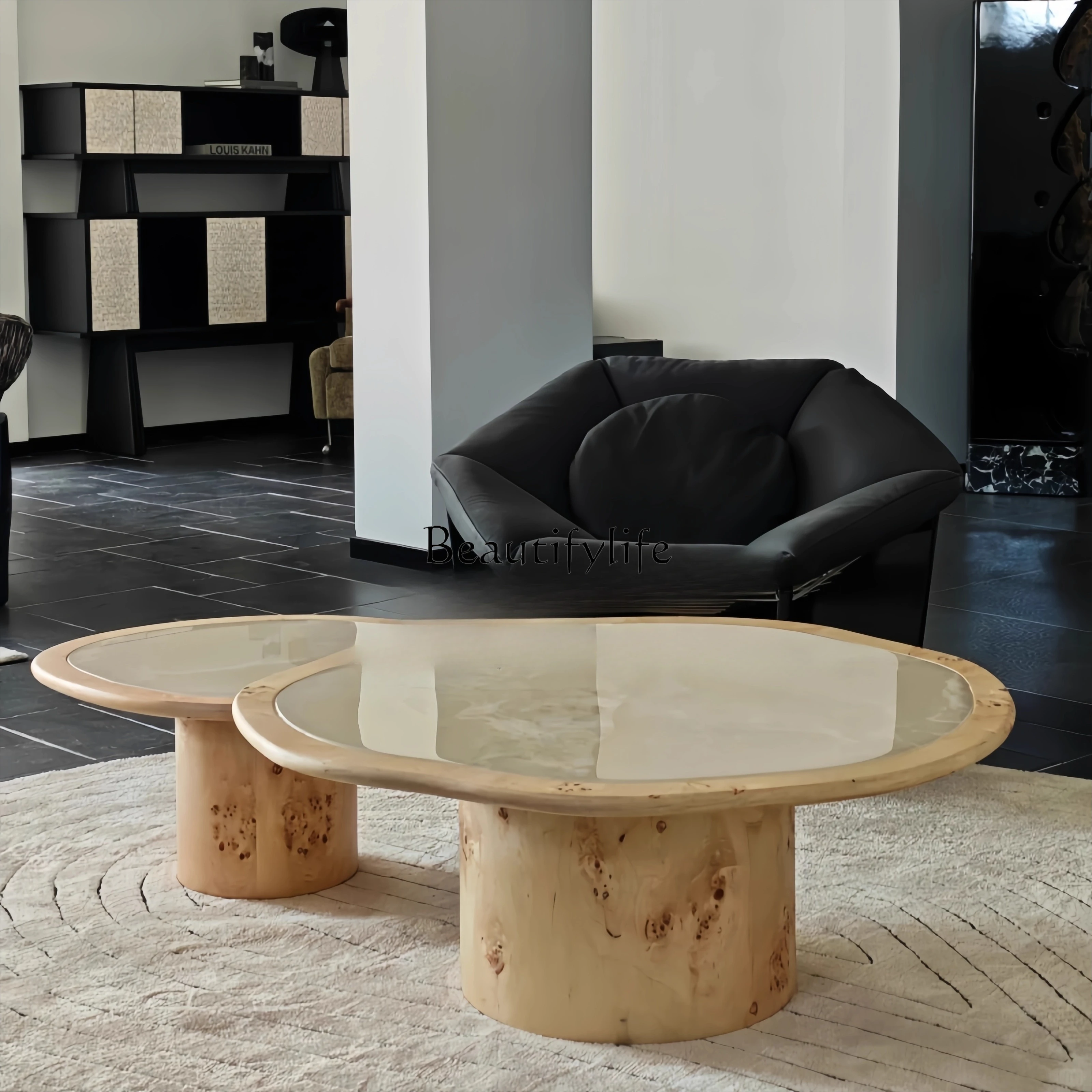 

Vintage Style Solid Wood Tree Bark Coffee Table Wabi-Sabi Style Retro Corner Table
