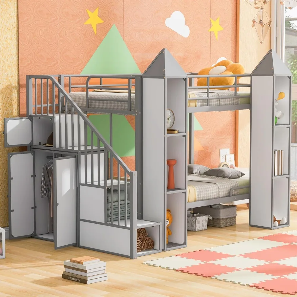 

Twin Over Twin Metal Bunk Bed with Wardrobe and Storage Stair, Castle-Shaped Bunk Bed for Kids, Noise Free