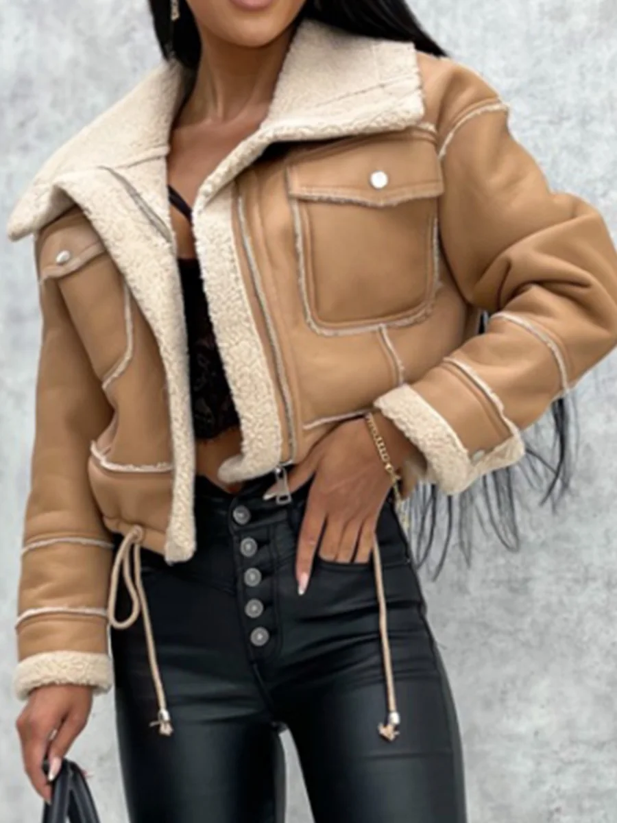 Women Winter Faux Leather Jacket Long Sleeve Lapel Fleece Linen Coat Zip Up Motorcycle Jacket Warm Outwear with Pockets