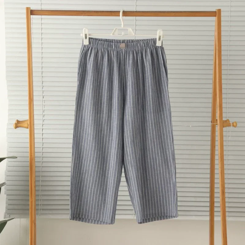 Men's Cotton Lightweight Breathable Lounge Pants Stripes With Pockets High Waist 3/4 Length Summer Sleepwear