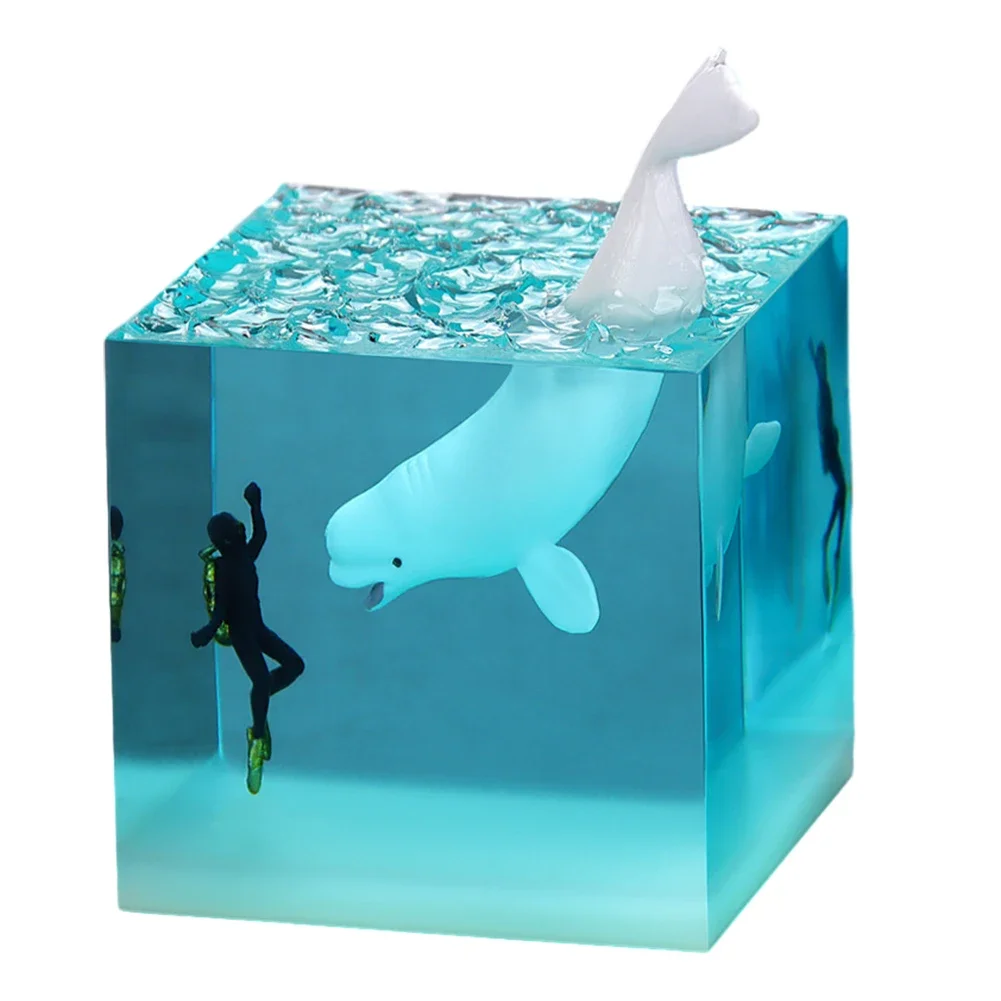 Marine Whale Cube Ornament with Light Decorative Marine Whale Decor Beluga Killer Whale Megalodon for Desktop Bookshelf