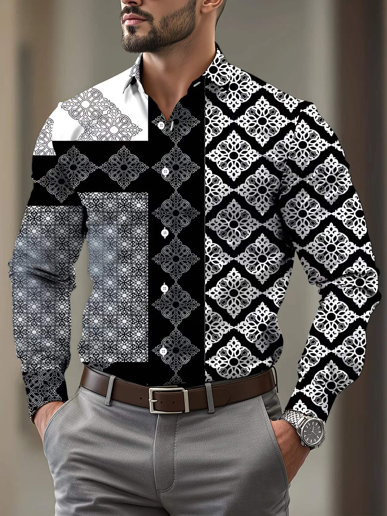 

New black and white splicing geometric ethnic pattern men's long sleeved shirt, retro style casual flower shirt