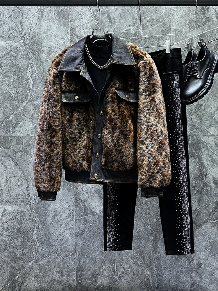 

Модная утепленная куртка с леопардовым принтом для мужчин, новая зимняя модель, джинсовая с пэчворком, теплая, свободного кроя, верхняя одежда