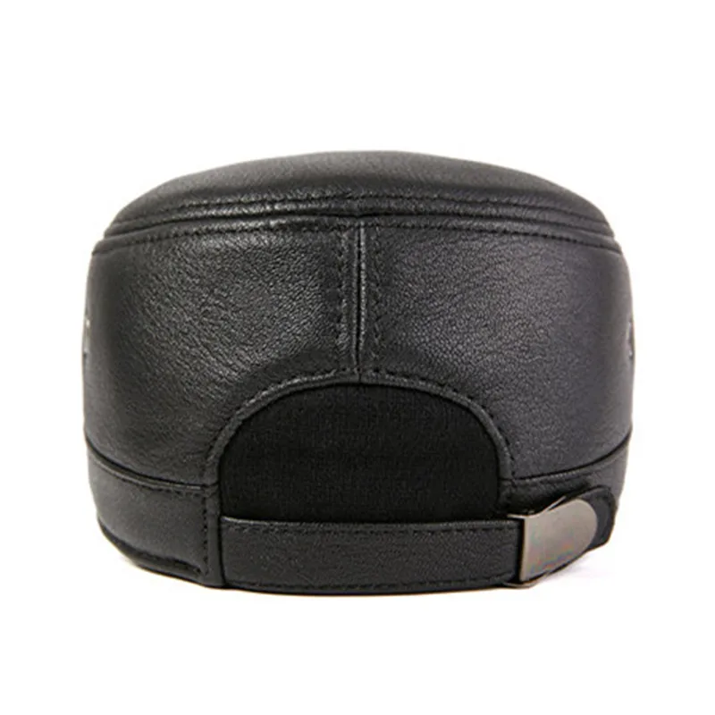 New Winter Natural Genuine Leather Cap Plush Thickened Warm Military Hats Flat Caps For Men Coldproof Earmuffs Hat Cycling Cap