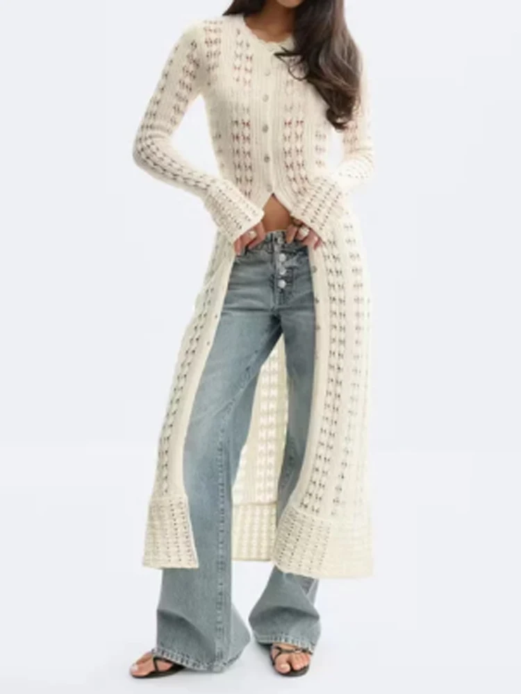 

Вязаное крючком ажурное макси-платье-кардиган для женщин, белое, элегантное, с пуговицами спереди, расклешенными рукавами, повседневное, летнее, для отпуска, пляжное платье-накидка