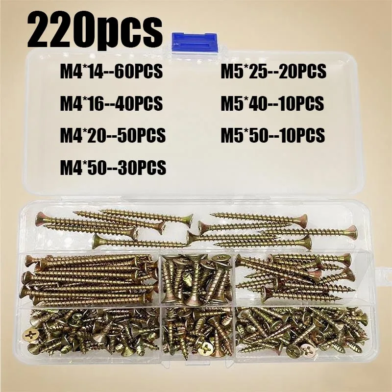 M3.5/M4/M5 320/220pcs Flat Head Wood Screws Set, Yellow Zinc Plated, Self-Tapping, Countersunk, Full Thread, for Drywall