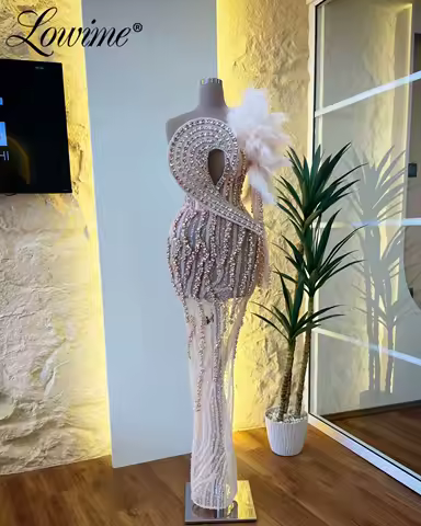 Rhinestone Luxury Feathers One Shoulder Evening Dresses Customized Arabic Pearls Pageant Events Party Dress Engagement Gowns