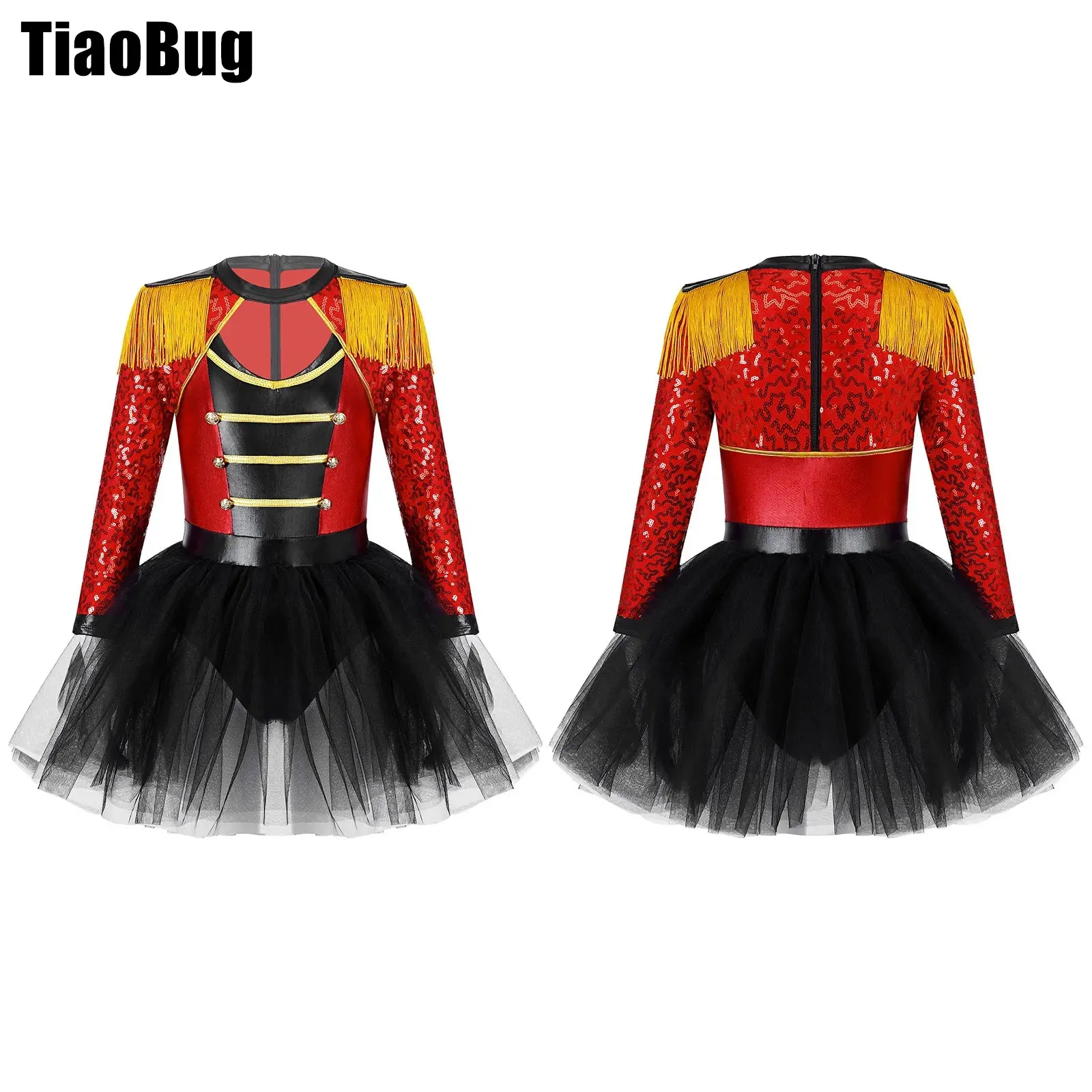 

Kids Girls Magician Circus Dress Halloween Costumes Long Sleeve Sequin Tassel Epaulet Tutu Skirt Built-in Brief Stage Garment