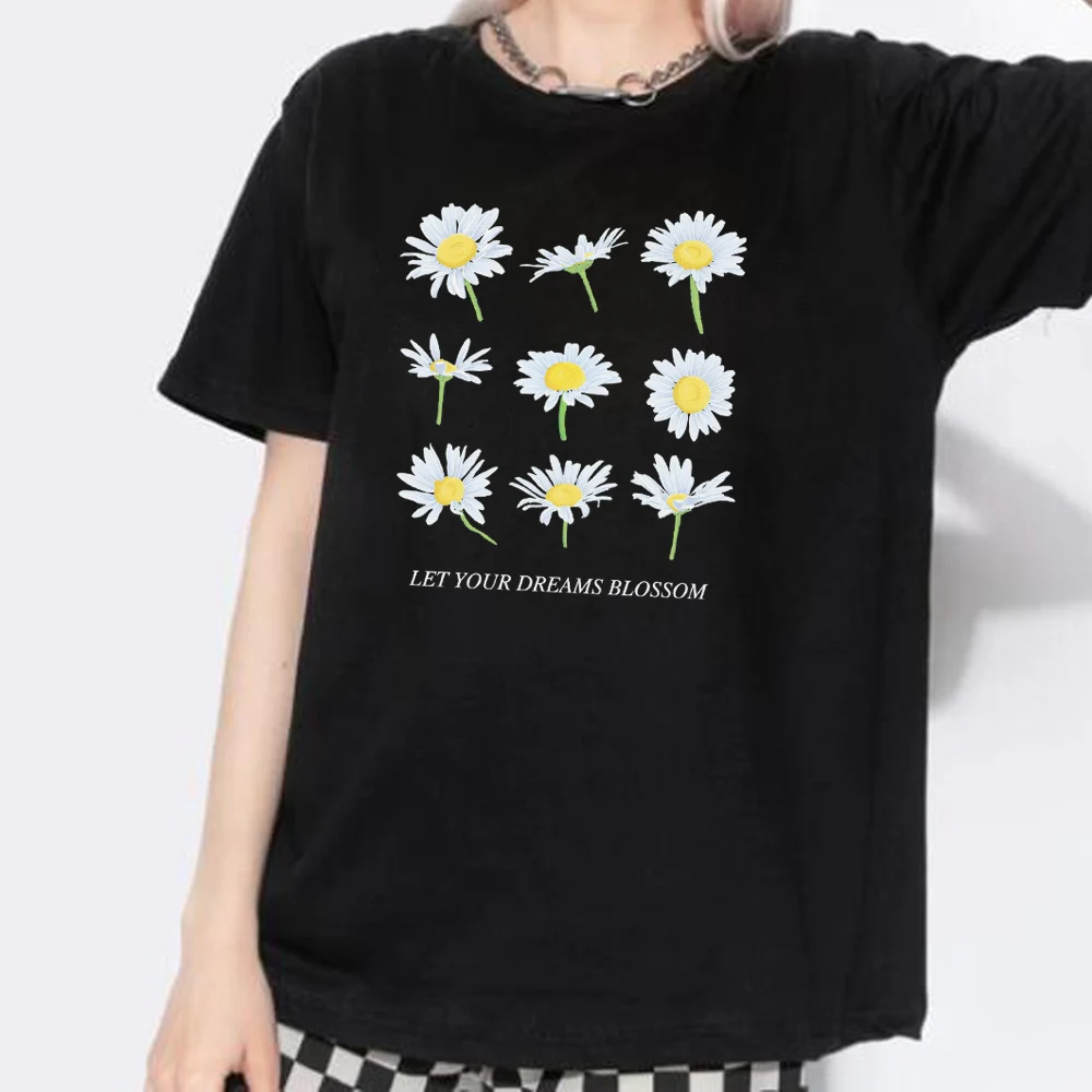 Black Daisy Flower Tees  Women Tops Tees Begie round Neck Graphic T Shirt Women Tops Base O-neck Tees