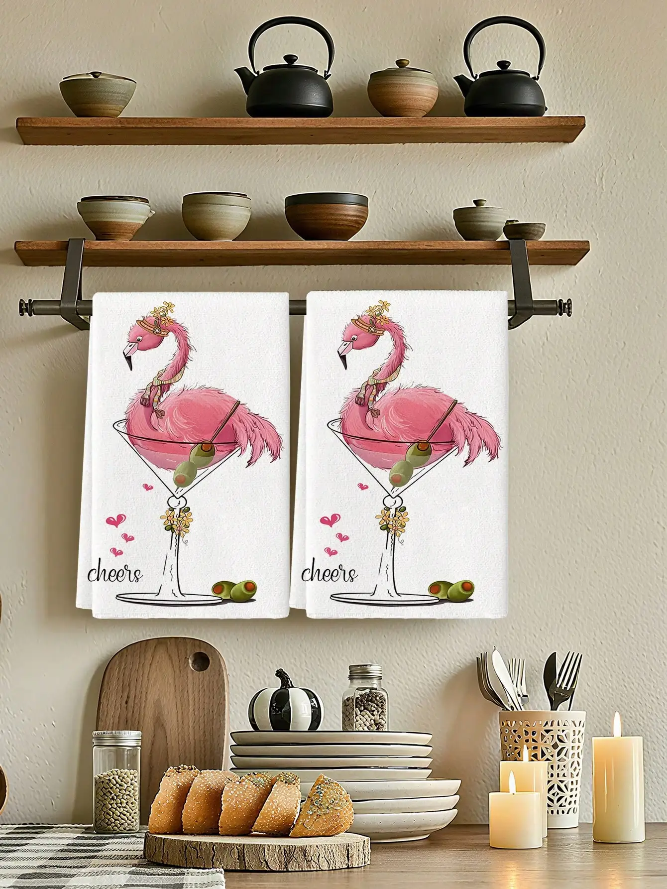 

2 Pack Microfiber Kitchen Towels with Pink Bird in Martini Glass Design, Cheers Motif, for Bar & Daily Use