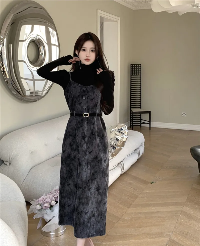 

Women New Large French Retro Sling Dress With Belt Autumn Winter Mid-Calf Strap Vestidos Retro Female Black Coffee Long Dresses