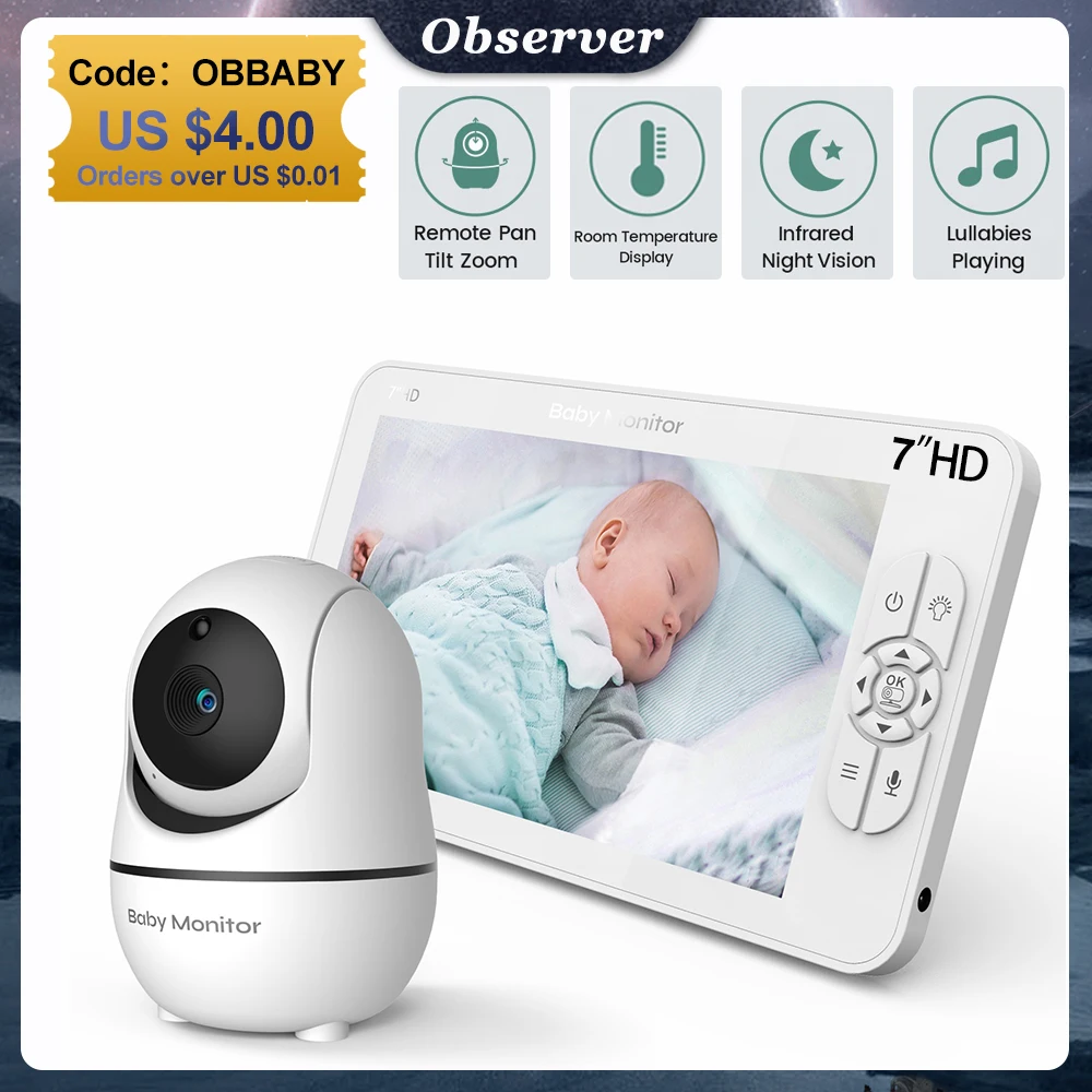 7.0 Inch Video Baby Monitor HD Split Screen with Camera Pan Tilt 4X Zoom 2 Way Audio Night Vision 4000mAh Battery Babyfoon SM70