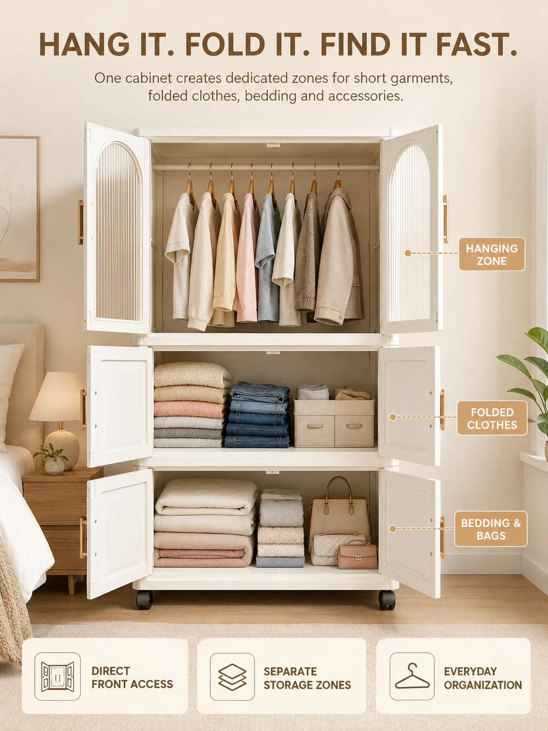 Renter Friendly Foldable Plastic Wardrobe Modular Closet with Hanging Rod Rolling Wheels Tool-Free Assembly Portable Clothes Storage Cabinet for Bedroom Dorm Apartment