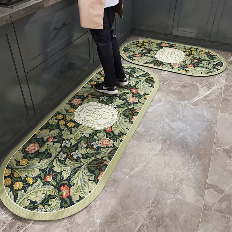 VIKAMA Tapis de cuisine vintage à motifs floraux botaniques, antidérapant, résistant à l'huile, pour usage domestique, tapis d'entrée de couloir, décoration de la maison