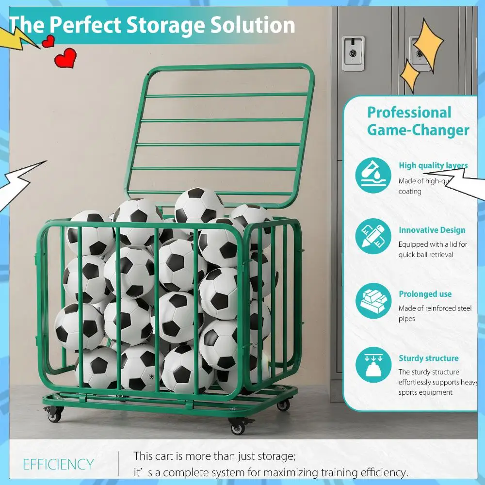 

Basketball Or Volleyball Storage Ball Cart with Wheels & Lid Portable Foldable Sports Basket for School Garage Basement Gym