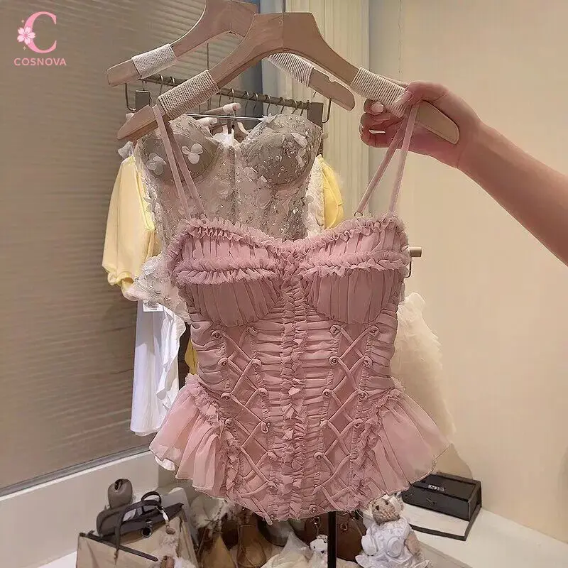 Novo Top Cropped Feminino Rosa Coreano Elegante com Alça Fina, Franzido, Amarração, Babado e Laço, Design Peplum, Ajuste Slim, Chique para Encontros de Verão