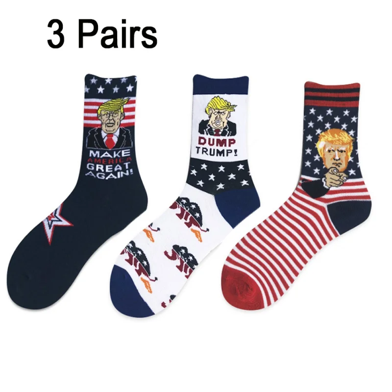 3 Pairs USA Flag Stars New Men and Women 100% Cotton Socks New Trendy Trump Make America Great Again funny designer dress Socks