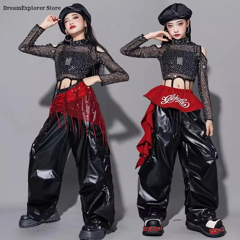 K-pop Girls Sequin Shiny Crop Hoodies Cargo Pants Children Streetwear Kid Teen Hip Hop Jazz Girl Group Street Dance Clothes Set 5