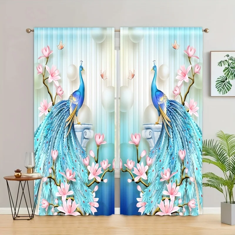 2pcs Gothic Peacock Animal Flower Retro Style Curtains Window Treatment for Bedroom Office Kitchen Living Room Study Home Decor