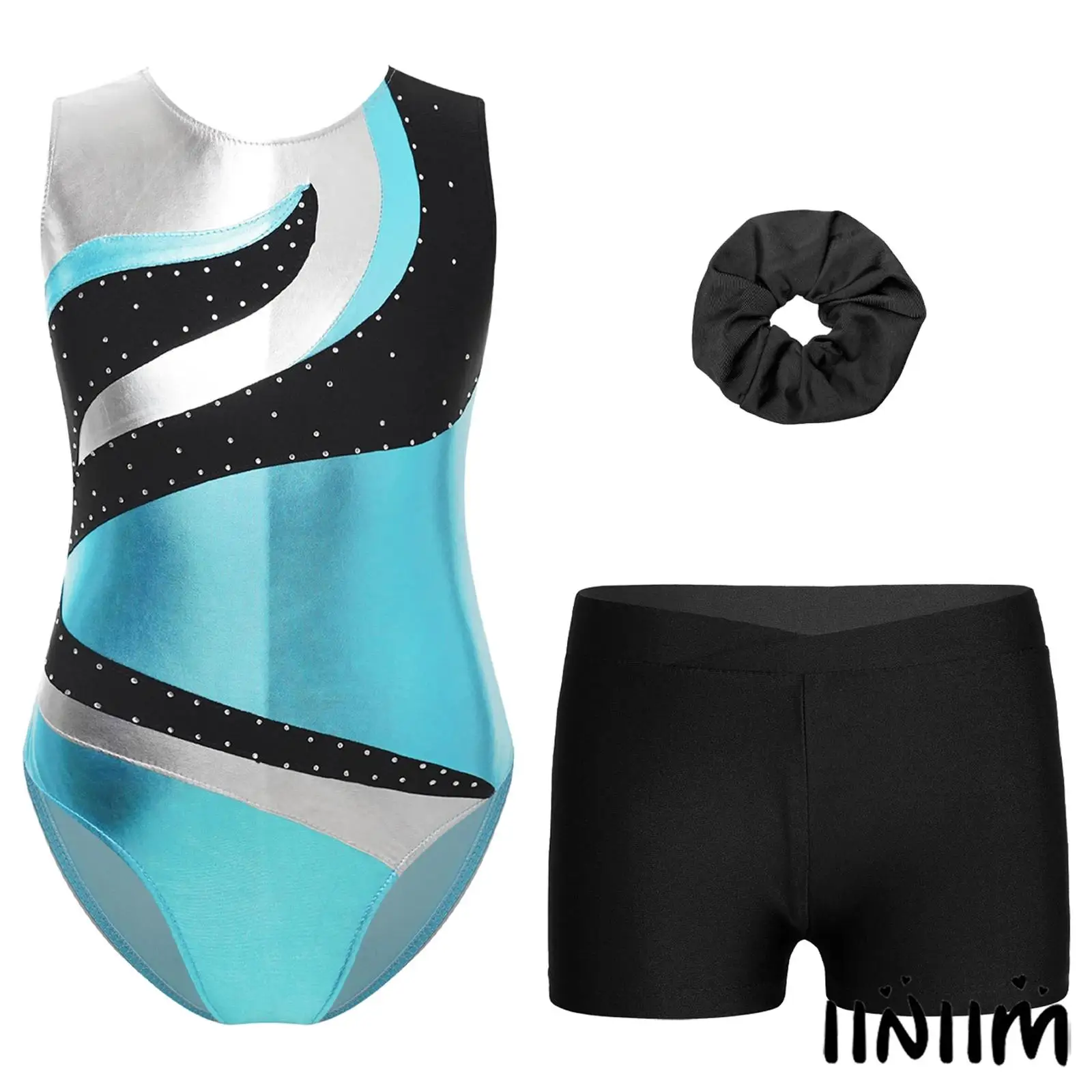 

Kids Girls Gymnastics Dance Leotard Outfit Sleeveless Round Neckline Shiny Rhinestone with Shorts Hairband For Stage Performance