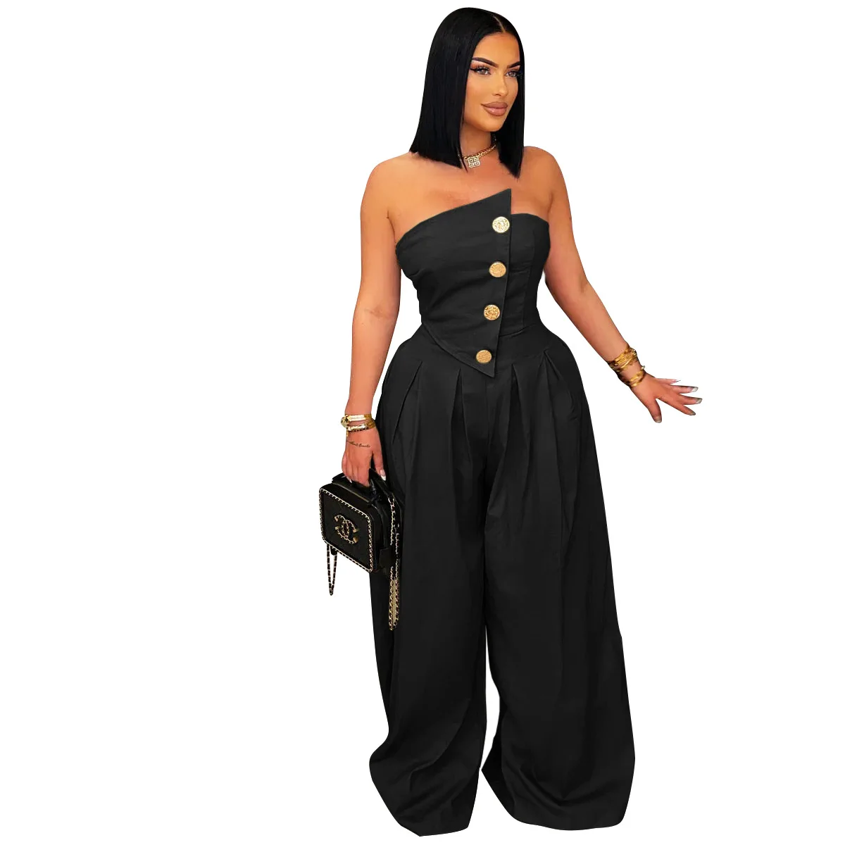 EINY Chic Fashion Women Button Splicing Strapless Wide Leg Jumpsuits 2025 Summer Sexy Party Club One Piece Suit Rompers Playsuit