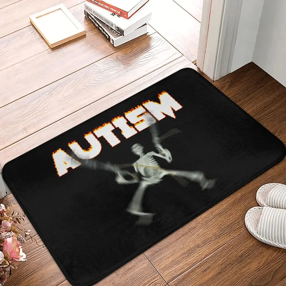 Funny Meme Doormat Autism Skeleton Design Non Slip Washable Carpet for Meme Lover Home Entryway Decor Gothic Home Decor Black