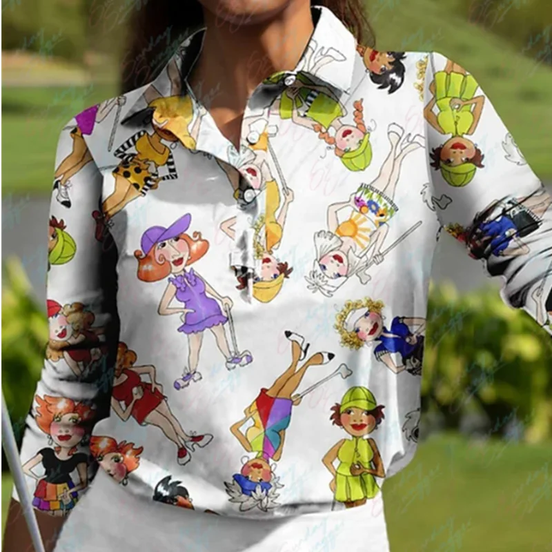 

Golf Polo long-sleeved shirt women's breathable quick-drying sweat-absorbent cartoon print autumn and winter tennis golf top