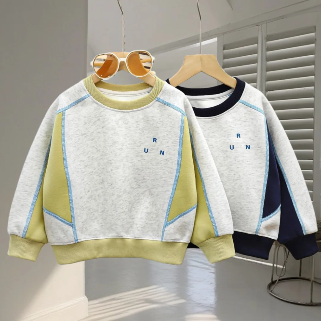 2-10Y Autumn New Casual Style Boys Top Letter Embroidery Color Blocking O-Neck Kids Pullover Long Sleeve Soft Children Clothes