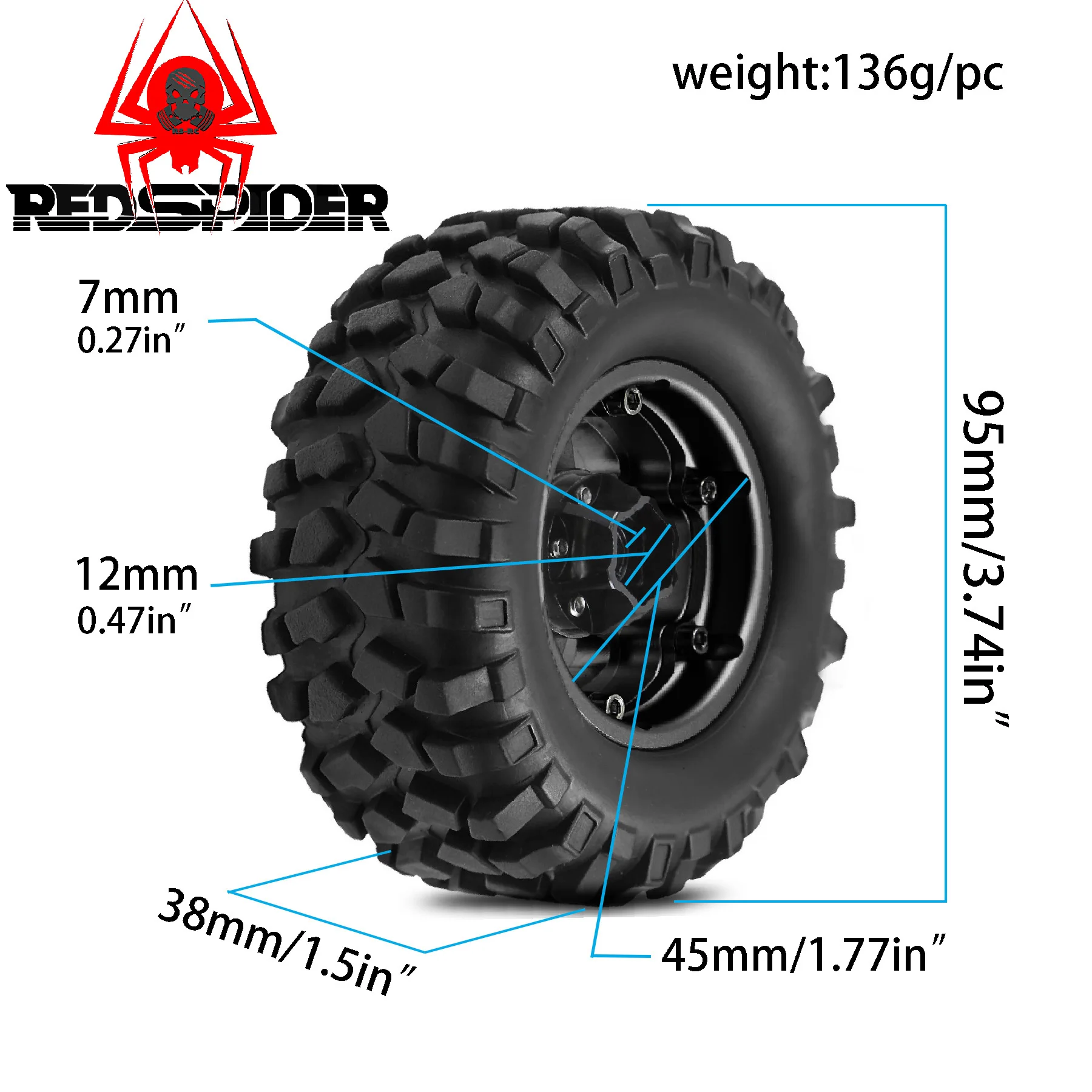 عجلات إزاحة سلبية 1.9 بوصة 4 قطع إطارات 95 مم لزاحف RS Red Spider 1/10 - Fit LC80، MJX H12 إلخ مجموعة عالية الأداء للطرق الوعرة #6